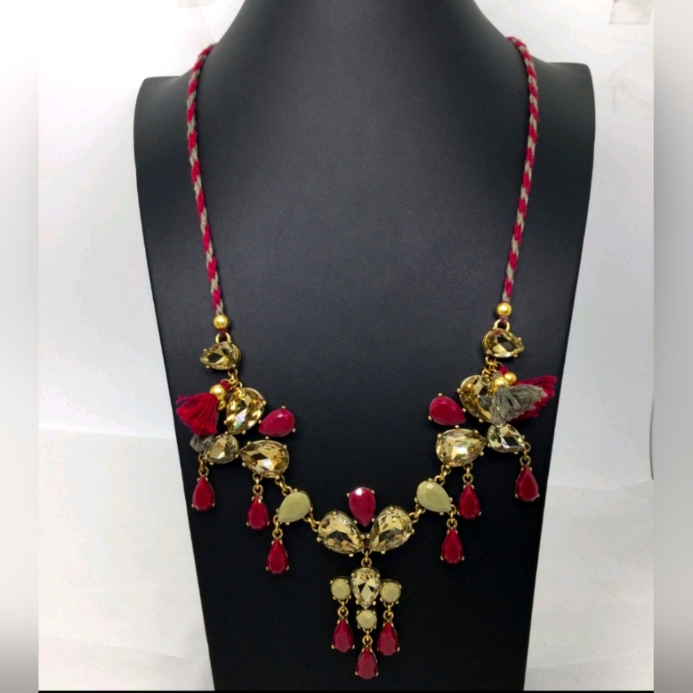 J. Crew Gray Red Plum Rhinestone Braided Cord Necklace 20"